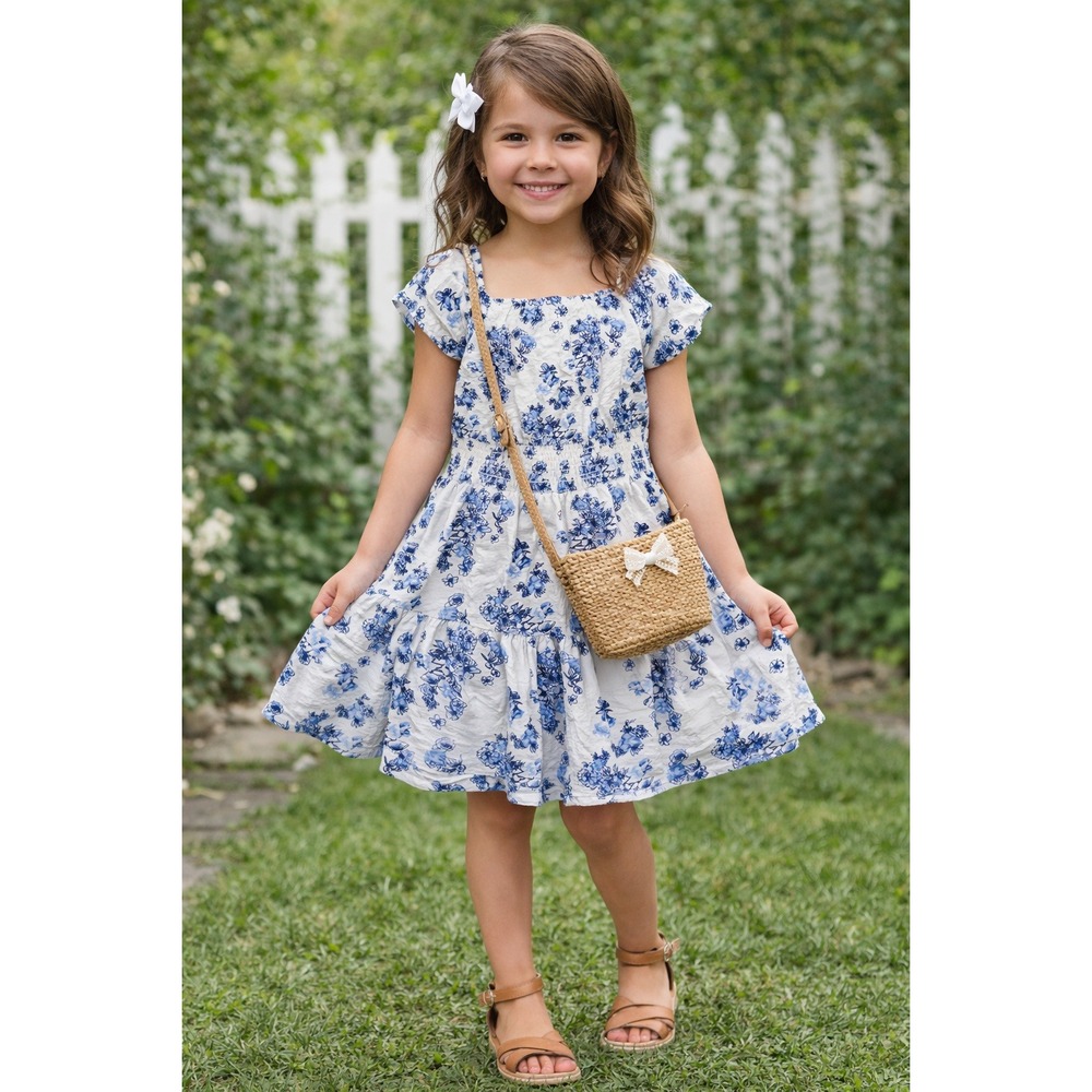 Heart And Arrow‎ Dress Girls 7 Blue White Floral Cottagecore Summer Tiered